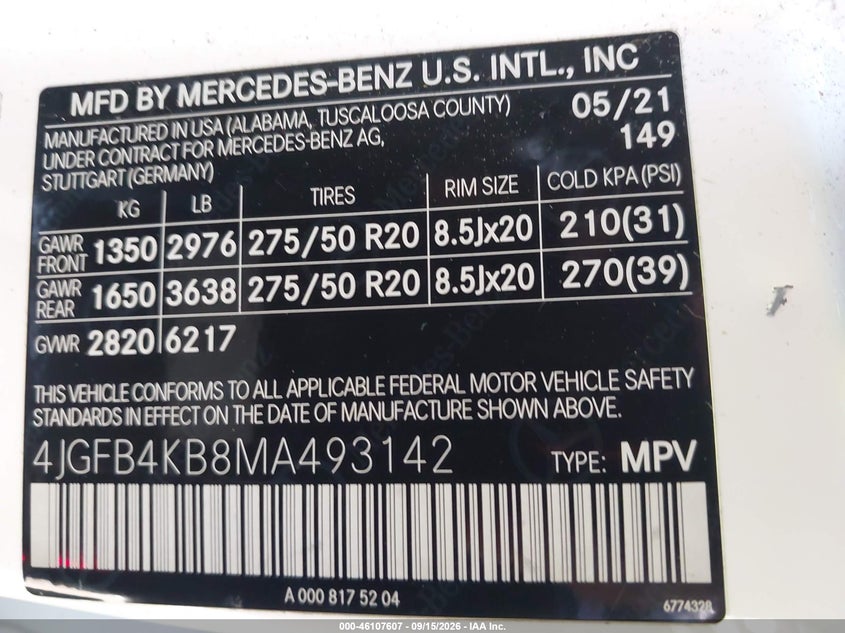 MERCEDES-BENZ GLE 350 2021 VIN 4JGFB4KB8MA493142