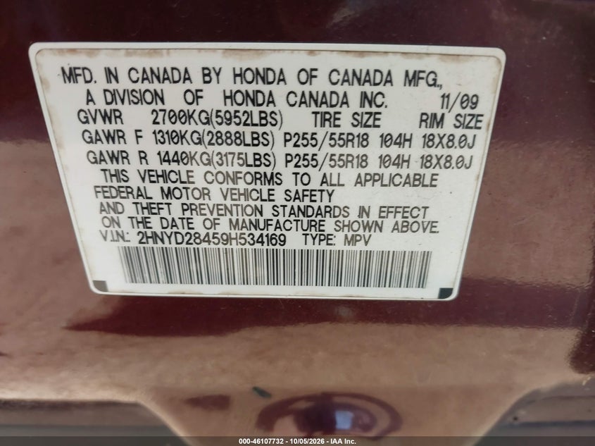 ACURA MDX 2009 VIN 2HNYD28459H534169