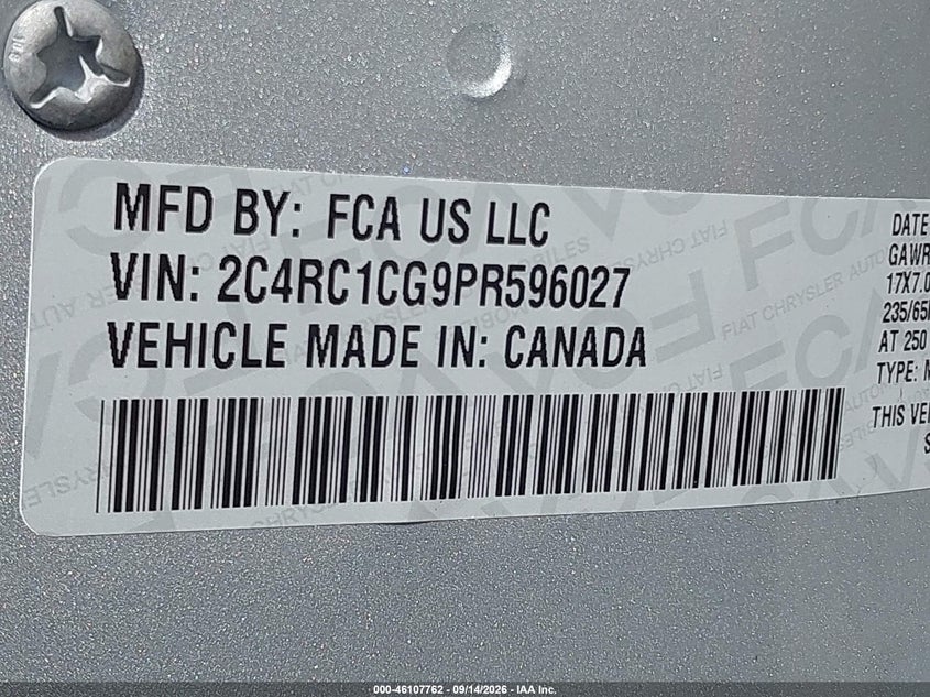 Vin: 2c4rc1cg9pr596027, lot: 46607478, chrysler voyager lx 20234