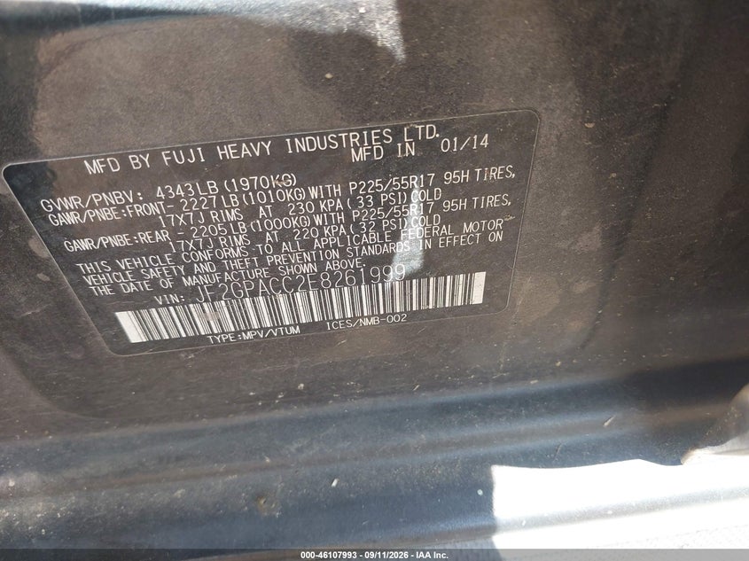 SUBARU XV CROSSTREK 2014 VIN JF2GPACC2E8261999
