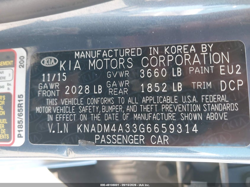 KIA RIO 2016 VIN KNADM4A33G6659314