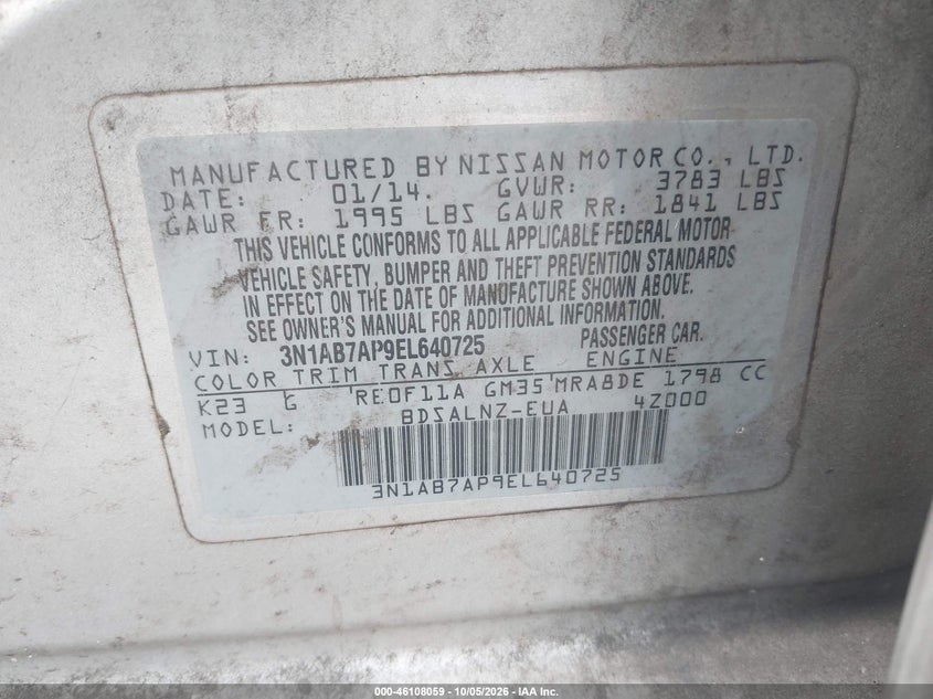 NISSAN SENTRA 2014 VIN 3N1AB7AP9EL640725