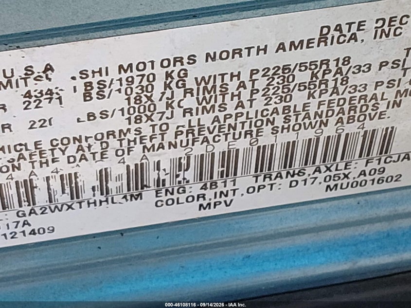 MITSUBISHI OUTLANDER SPORT 2013 VIN 4A4AP4AU2DE011964