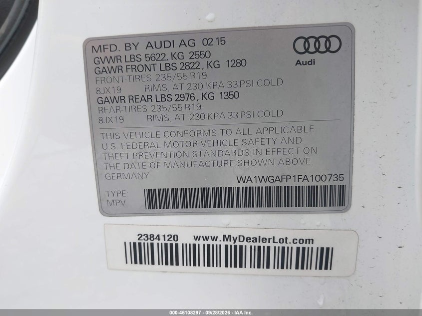 AUDI Q5 2015 VIN WA1WGAFP1FA100735