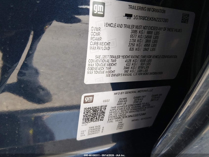 GMC SIERRA 1500 LIMITED 2022 VIN 1GTR8CEK5NZ227280