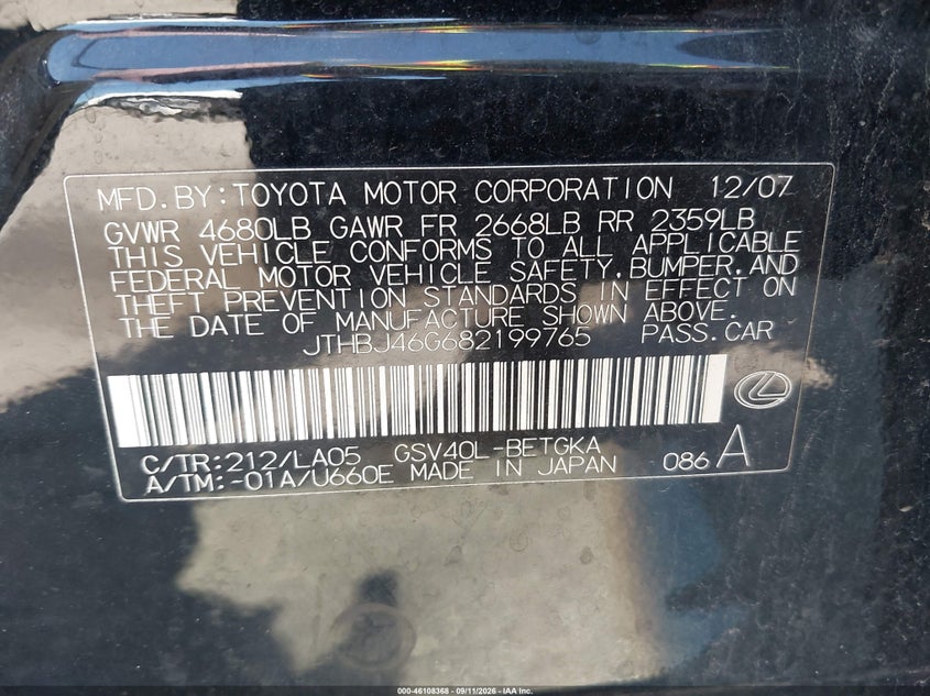 LEXUS ES 350 2008 VIN JTHBJ46G682199765