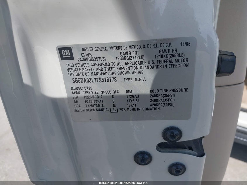 BUICK RENDEZVOUS 2007 VIN 3G5DA03L77S576778