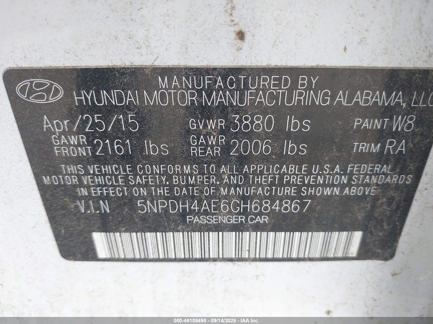 HYUNDAI ELANTRA 2016 VIN 5NPDH4AE6GH684867