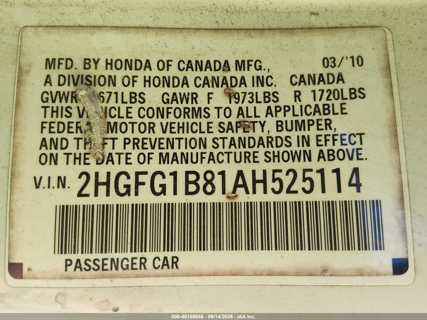 HONDA CIVIC 2010 VIN 2HGFG1B81AH525114