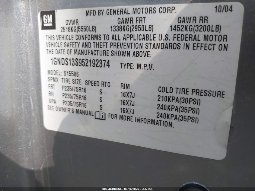 CHEVROLET TRAILBLAZER 2005 VIN 1GNDS13S952192374