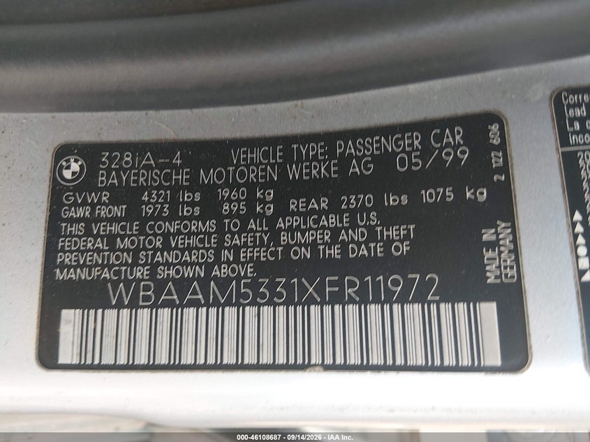 BMW 328I 1999 VIN WBAAM5331XFR11972