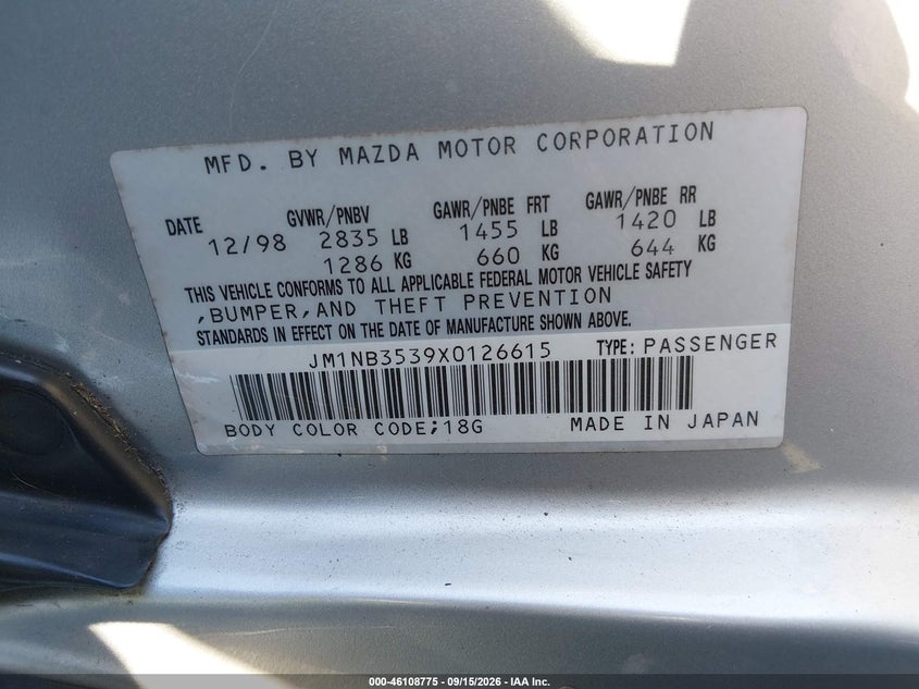 MAZDA MX-5 MIATA 1999 VIN JM1NB3539X0126615