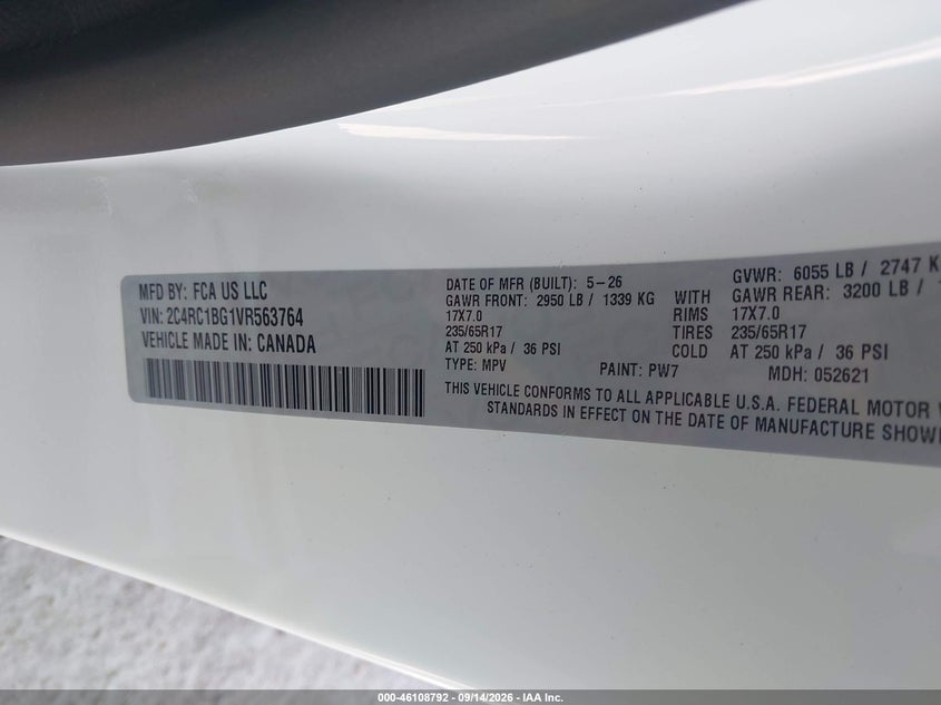 CHRYSLER PACIFICA 2027 VIN 2C4RC1BG1VR563764