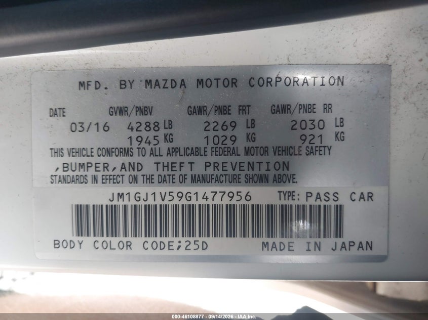 MAZDA MAZDA6 2016 VIN JM1GJ1V59G1477956
