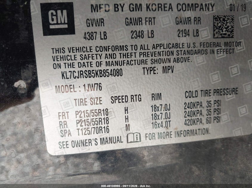 CHEVROLET TRAX 2019 VIN KL7CJRSB5KB854080