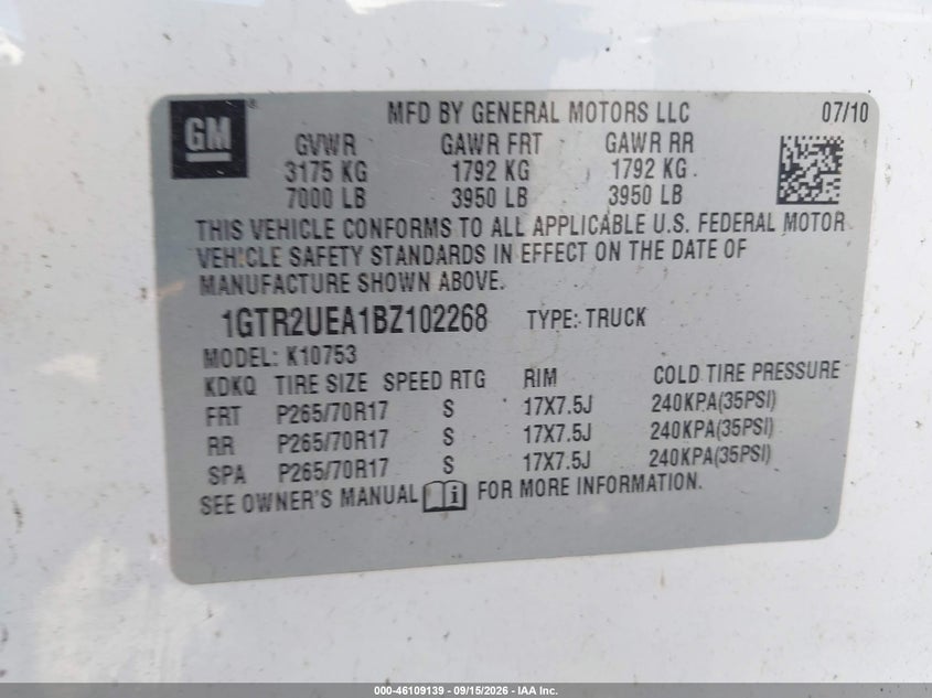 GMC SIERRA 1500 2011 VIN 1GTR2UEA1BZ102268