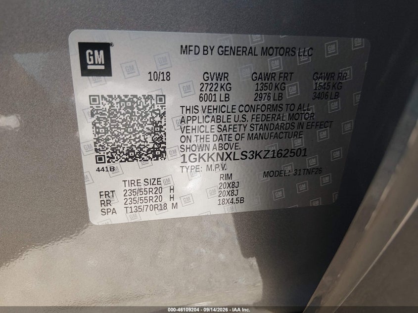 GMC ACADIA 2019 VIN 1GKKNXLS3KZ162501