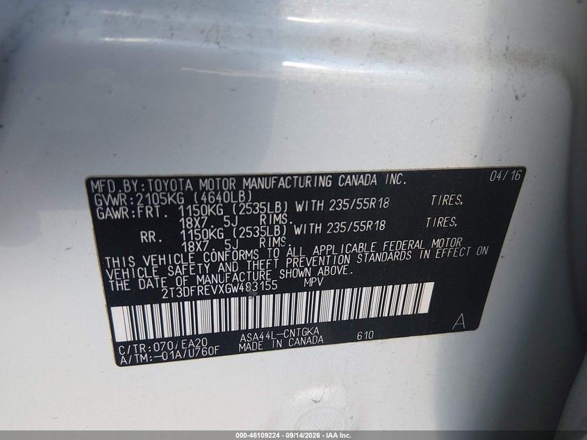 Vin: 2t3dfrevxgw483155, lot: 46608940, toyota rav4 limited 20164