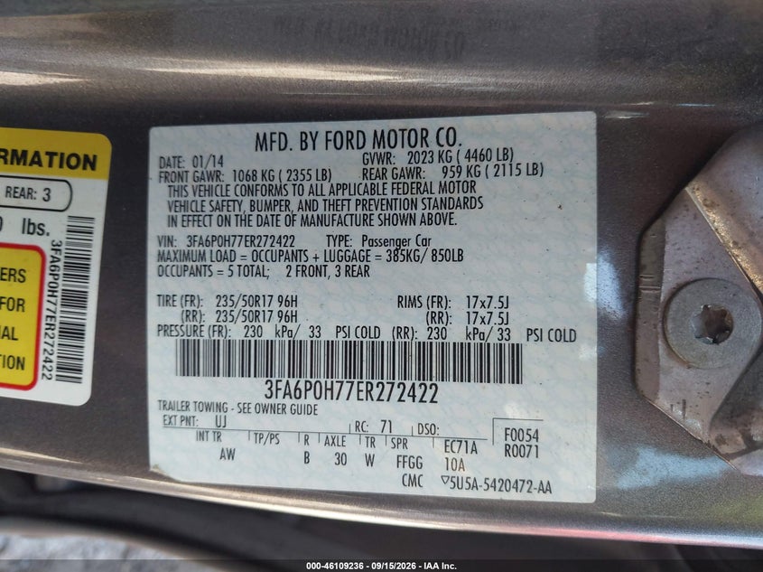 FORD FUSION 2014 VIN 3FA6P0H77ER272422