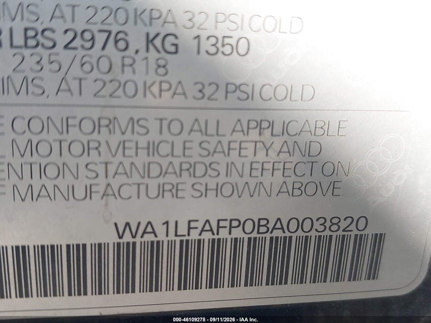 AUDI Q5 2011 VIN WA1LFAFP0BA003820