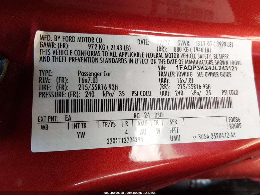 FORD FOCUS 2018 VIN 1FADP3K24JL243121