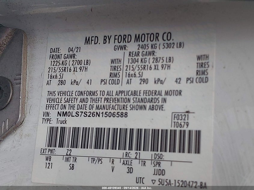 FORD TRANSIT CONNECT 2022 VIN NM0LS7S26N1506588