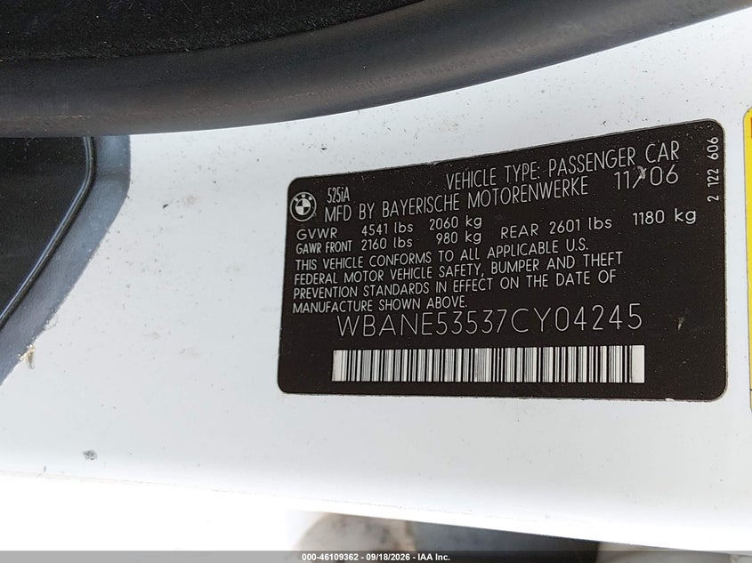 BMW 525I 2007 VIN WBANE53537CY04245