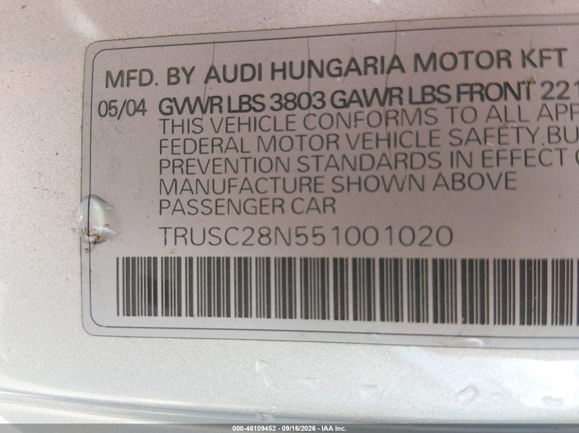 AUDI TT 2005 VIN TRUSC28N551001020