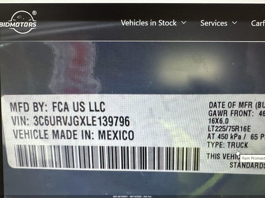 RAM PROMASTER 3500 2020 VIN 3C6URVJGXLE139796