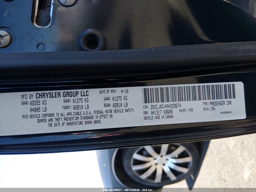 DODGE CHALLENGER 2010 VIN 2B3CJ4DV4AH229674