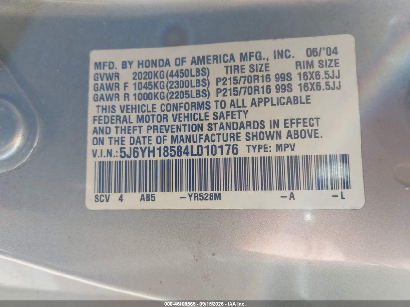 HONDA ELEMENT 2004 VIN 5J6YH18584L010176