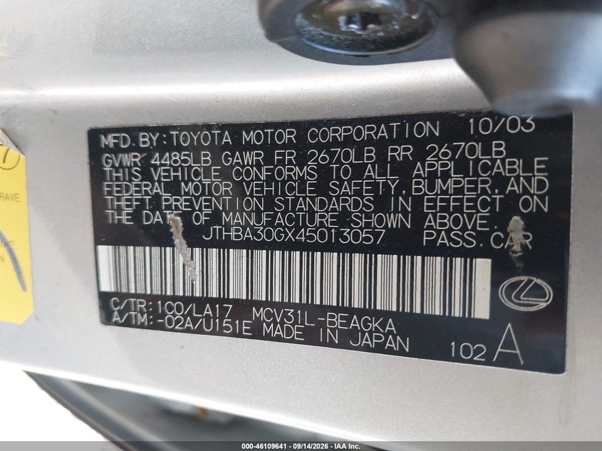 LEXUS ES 330 2004 VIN JTHBA30GX45013057