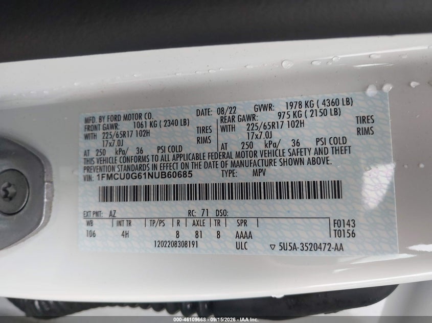 FORD ESCAPE 2022 VIN 1FMCU0G61NUB60685