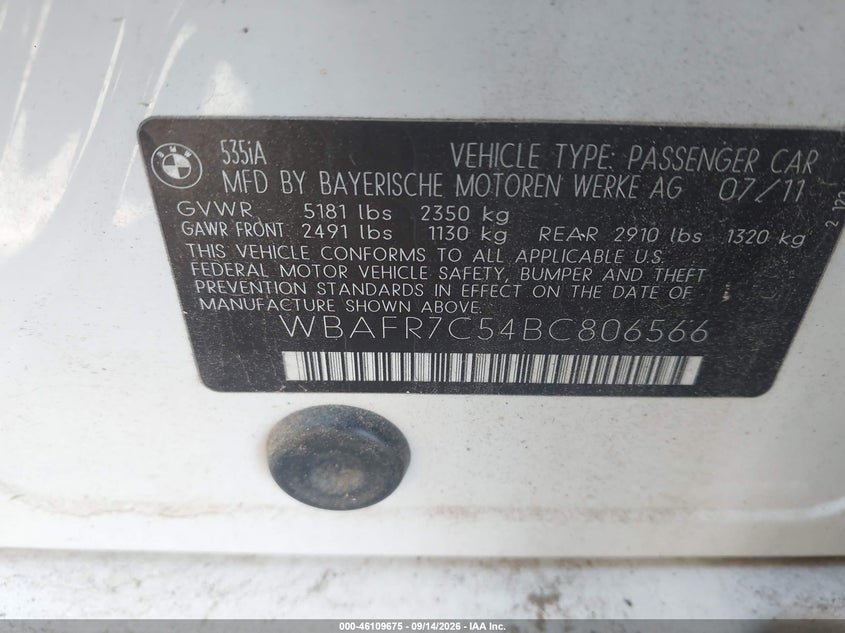 BMW 535I 2011 VIN WBAFR7C54BC806566