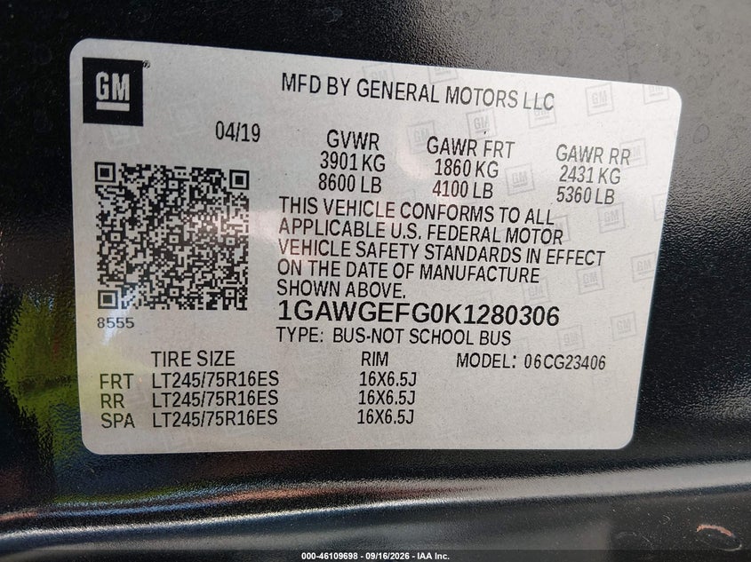 CHEVROLET EXPRESS 2500 2019 VIN 1GAWGEFG0K1280306