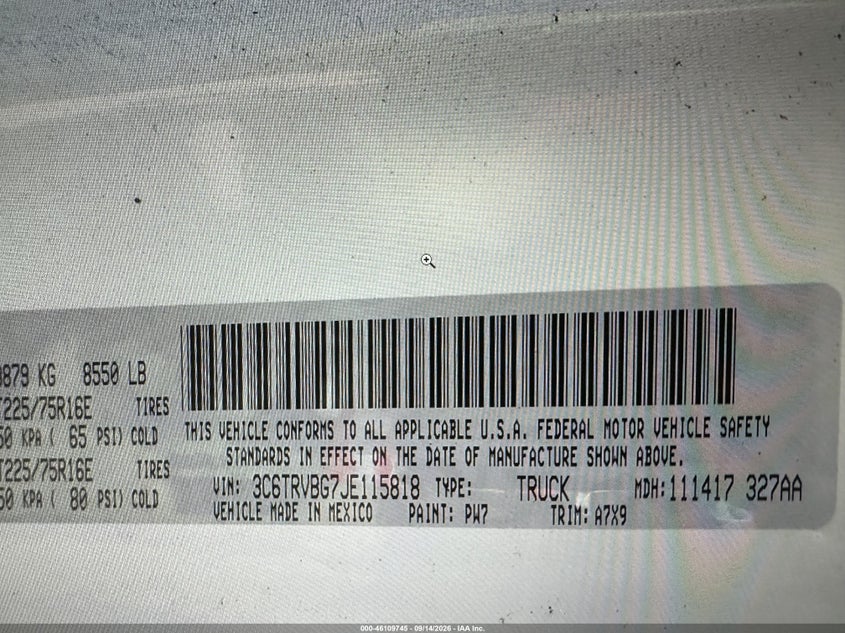 RAM PROMASTER 1500 2018 VIN 3C6TRVBG7JE115818