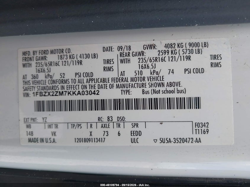 FORD TRANSIT-350 2019 VIN 1FBZX2ZM7KKA03042