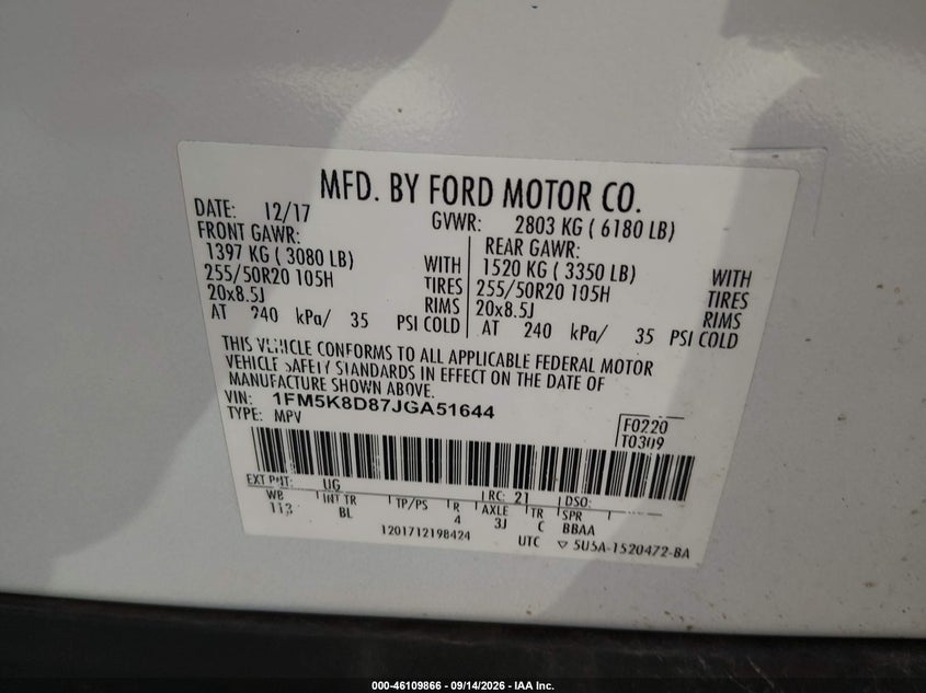 FORD EXPLORER 2018 VIN 1FM5K8D87JGA51644