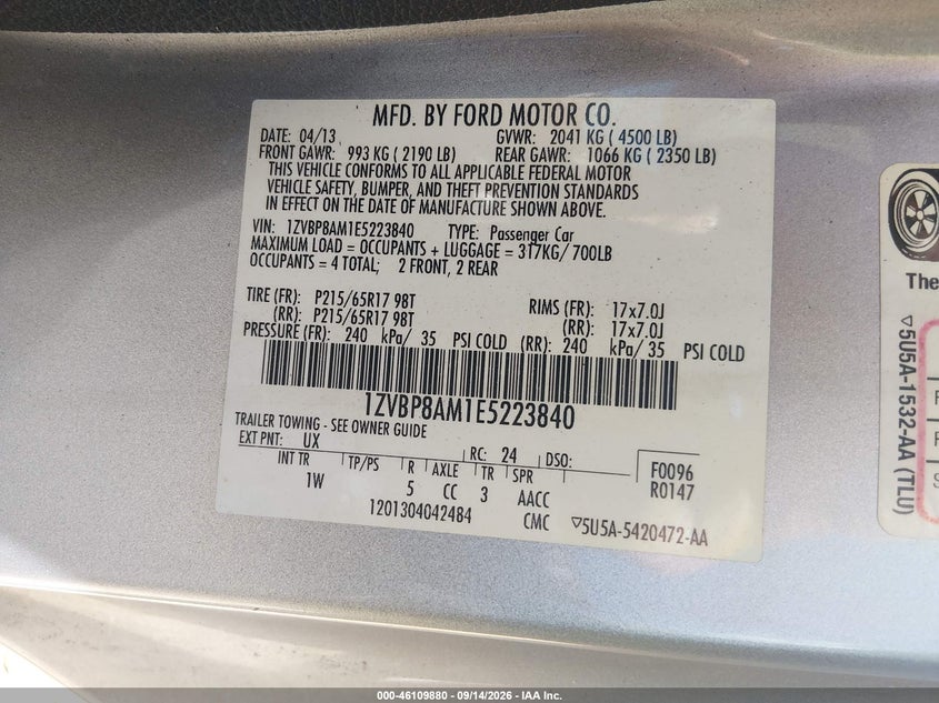 FORD MUSTANG 2014 VIN 1ZVBP8AM1E5223840