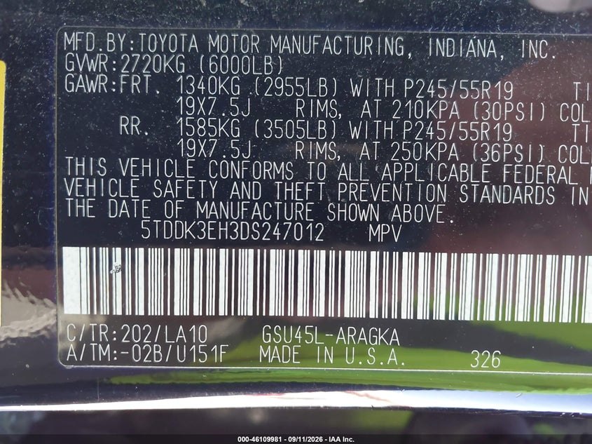 TOYOTA HIGHLANDER 2013 VIN 5TDDK3EH3DS247012