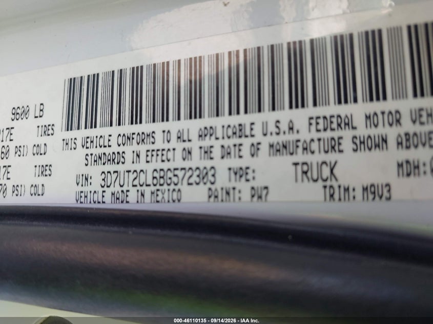 RAM RAM 2500 2011 VIN 3D7UT2CL6BG572303
