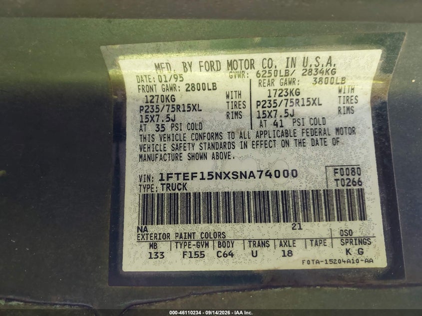 FORD F150 1995 VIN 1FTEF15NXSNA74000