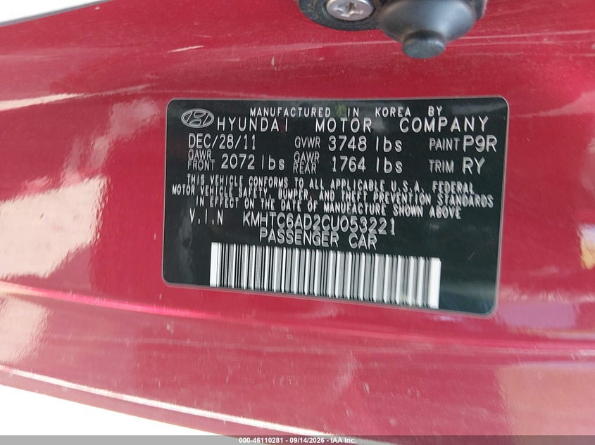HYUNDAI VELOSTER 2012 VIN KMHTC6AD2CU053221