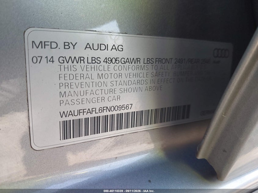 AUDI A4 2015 VIN WAUFFAFL6FN009567