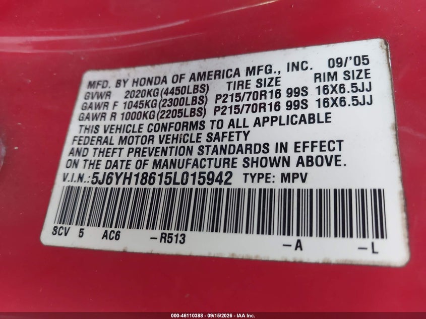 HONDA ELEMENT 2005 VIN 5J6YH18615L015942
