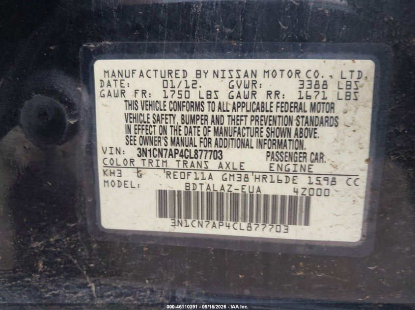 NISSAN VERSA 2012 VIN 3N1CN7AP4CL877703