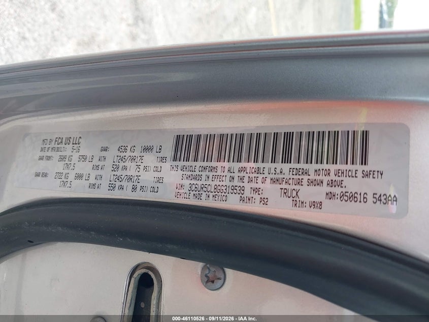 RAM 2500 2016 VIN 3C6UR5CL8GG319539