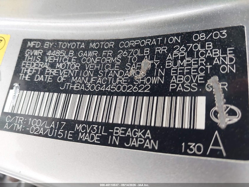 LEXUS ES 330 2004 VIN JTHBA30G445002622