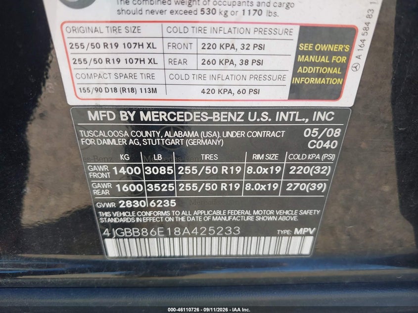 MERCEDES-BENZ ML 350 2008 VIN 4JGBB86E18A425233