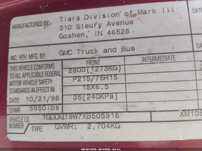 GMC SAFARI 1999 VIN 1GDDM19W7XB505918